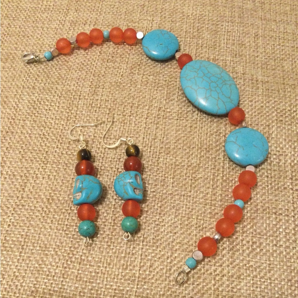 Turquoise and Orange Beaded skull Jewelry Set